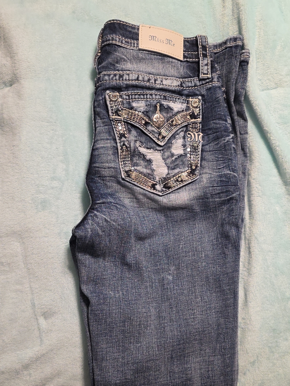 Miss Me  Bootcut Faded Blue Jeans with Embellished Pocket